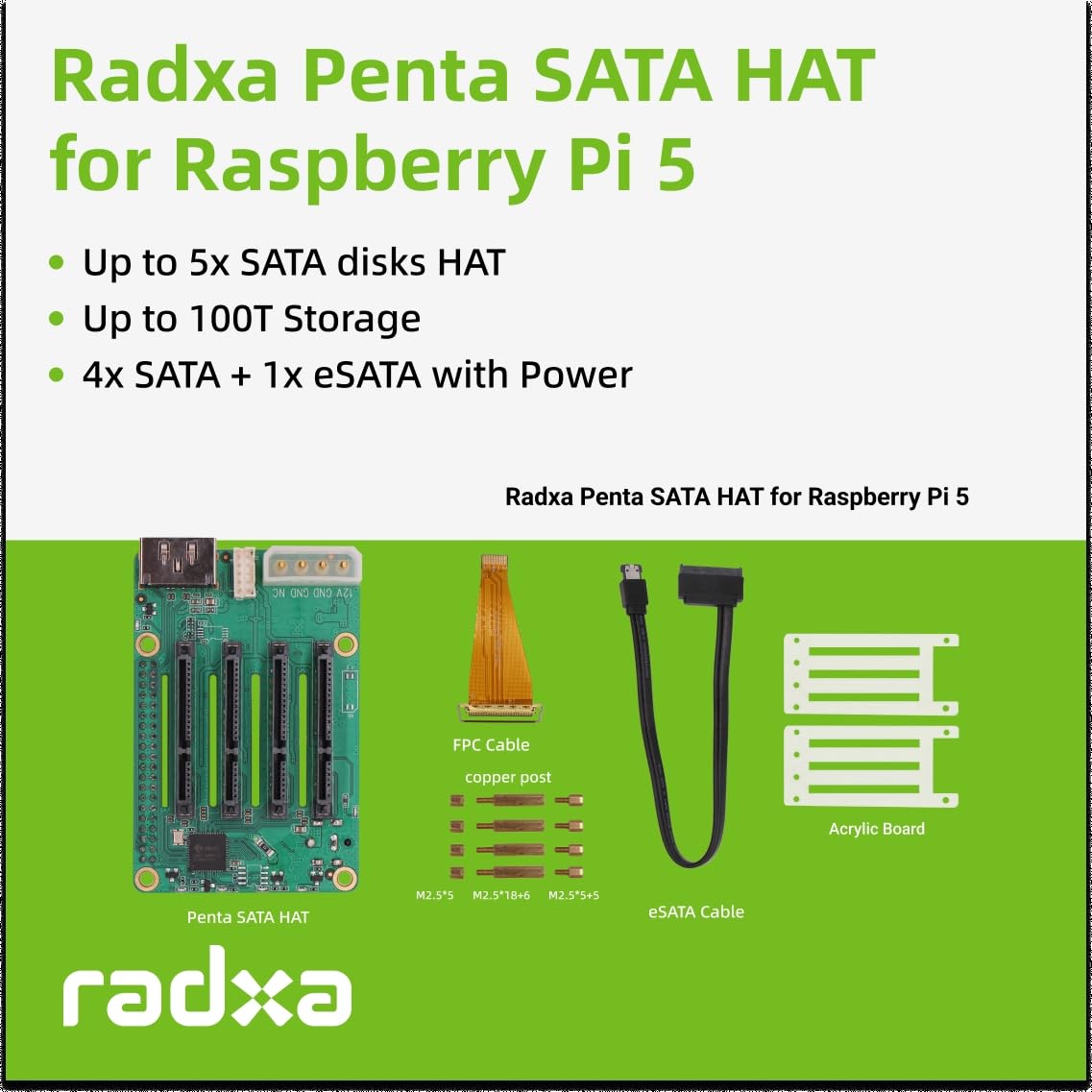 Radxa Penta SATA HAT, fino a 5 dischi SATA HAT per Raspberry Pi 5 e Rock Pi SBC, mini NAS Server, computer a scheda singola