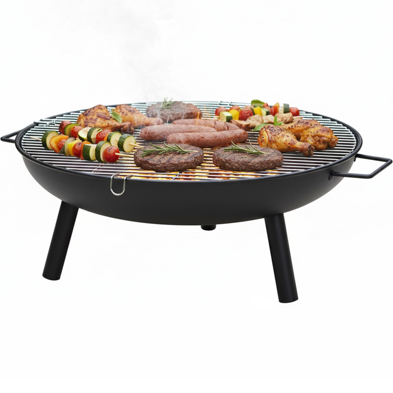 Crystals 58cm Outdoor Fire Pit – Steel Fire Bowl for Garden, Patio or Camping, Log & Charcoal Burner BBQ Brazier, Portable Heater for Picnic & Outdoor Use – Matt Black Finish (With BBQ Grill)