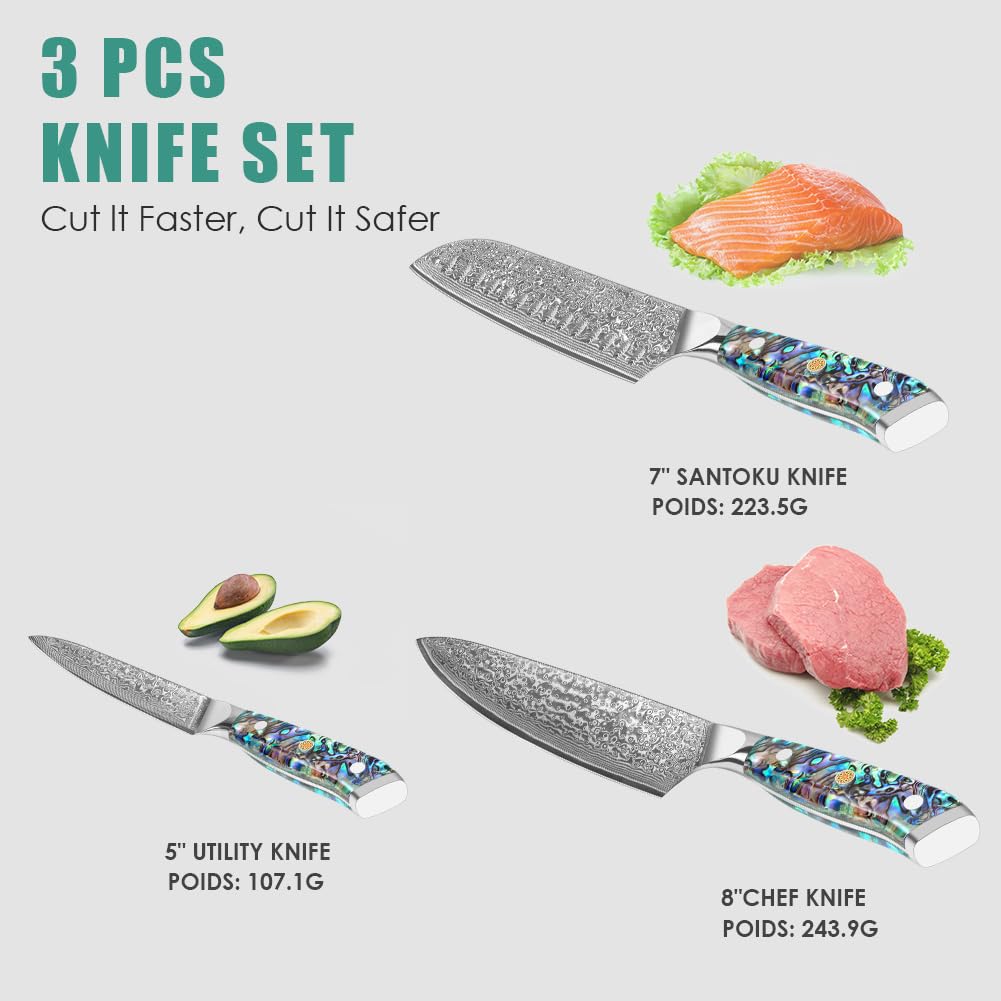 KEENZO 3PCS Kitchen Knife Set,Professional kitchen knives with 8" Chef knife,7" Santoku knife,5" Utility Knife,Japanese Hand Forged Damascus Steel Cooking knife set,Ergonomic Abalone Shell Handle — Amazon image 3