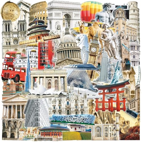 50 Packs World Famous Architecture Stickers Water Bottles Laptop Phone Computer Guitar Skateboard Hydroflasks Architecture Vinyl Sticker Waterproof Aesthetic Trendy Decals for Kids Teens Girls Adults