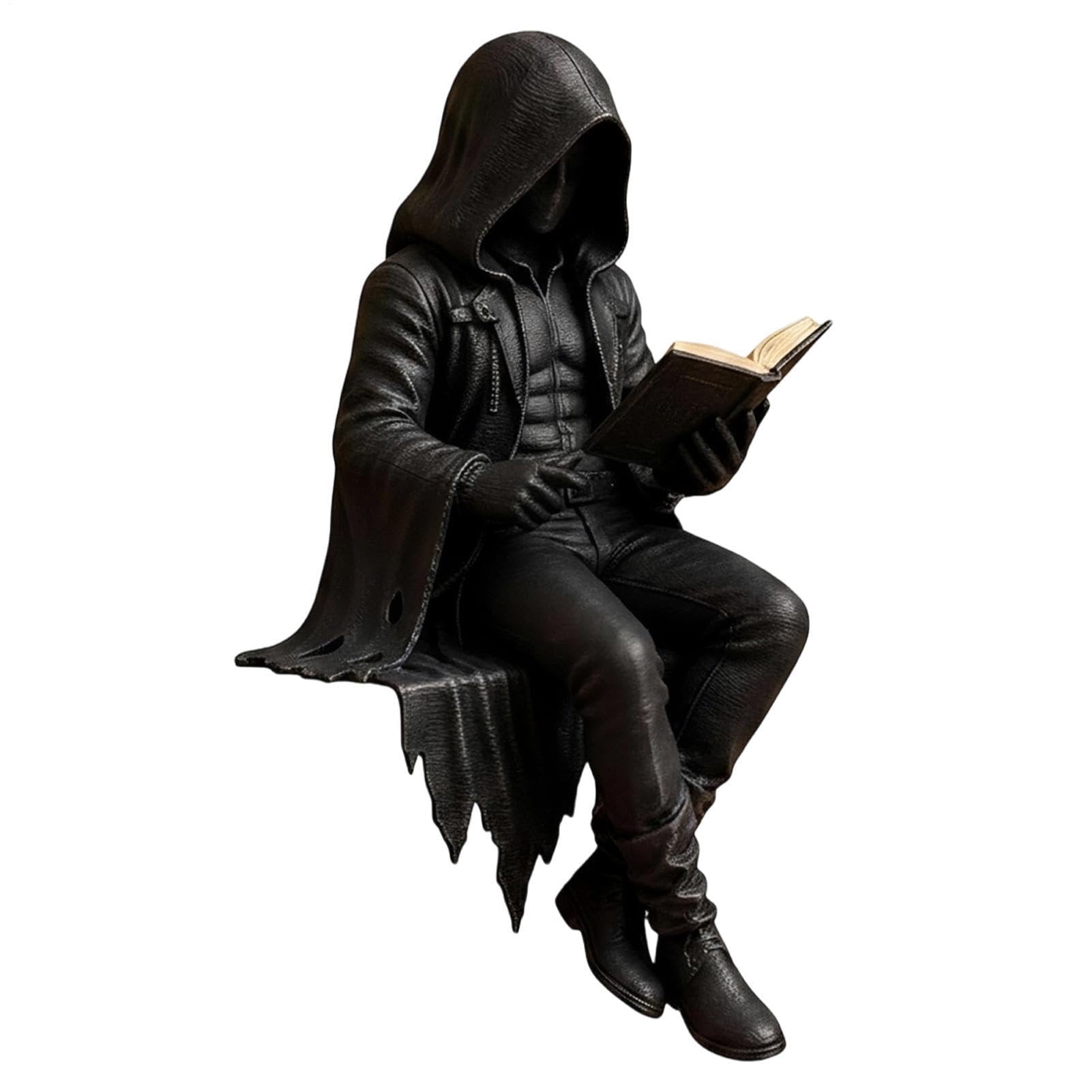 TYUKXJH Gothic Dark Fantasy Figure, 7x7x12cm/9.6x9.6x16cm, Resin, Sitting Reaper Reading Book Sculpture, Dark-Style Seated Figurine PC And Bookshelve Halloween Decor, For Home Living Room Shelf
