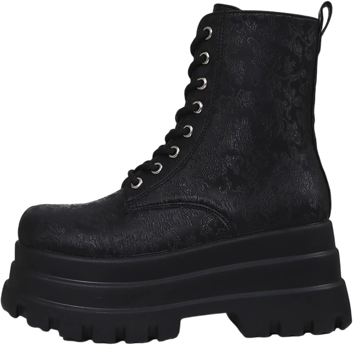 Women's Lace-Up Ankle Boots with Patterned Design, Round Toe, Platform Sole, and Side Zipper