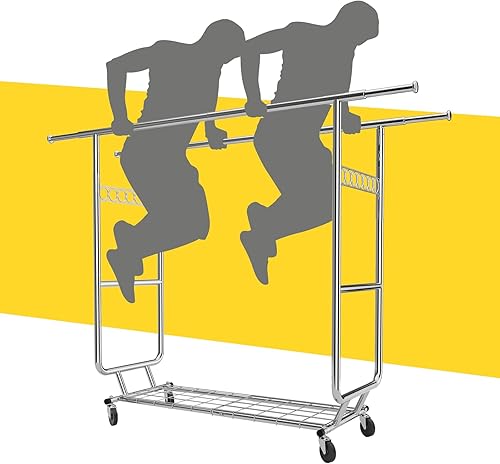 Estante de ropa de doble barra de carga de 630 libras, estante de metal resistente ajustable con ruedas y estantes resistentes para colgar ropa, disponible en Yaxa Venezuela