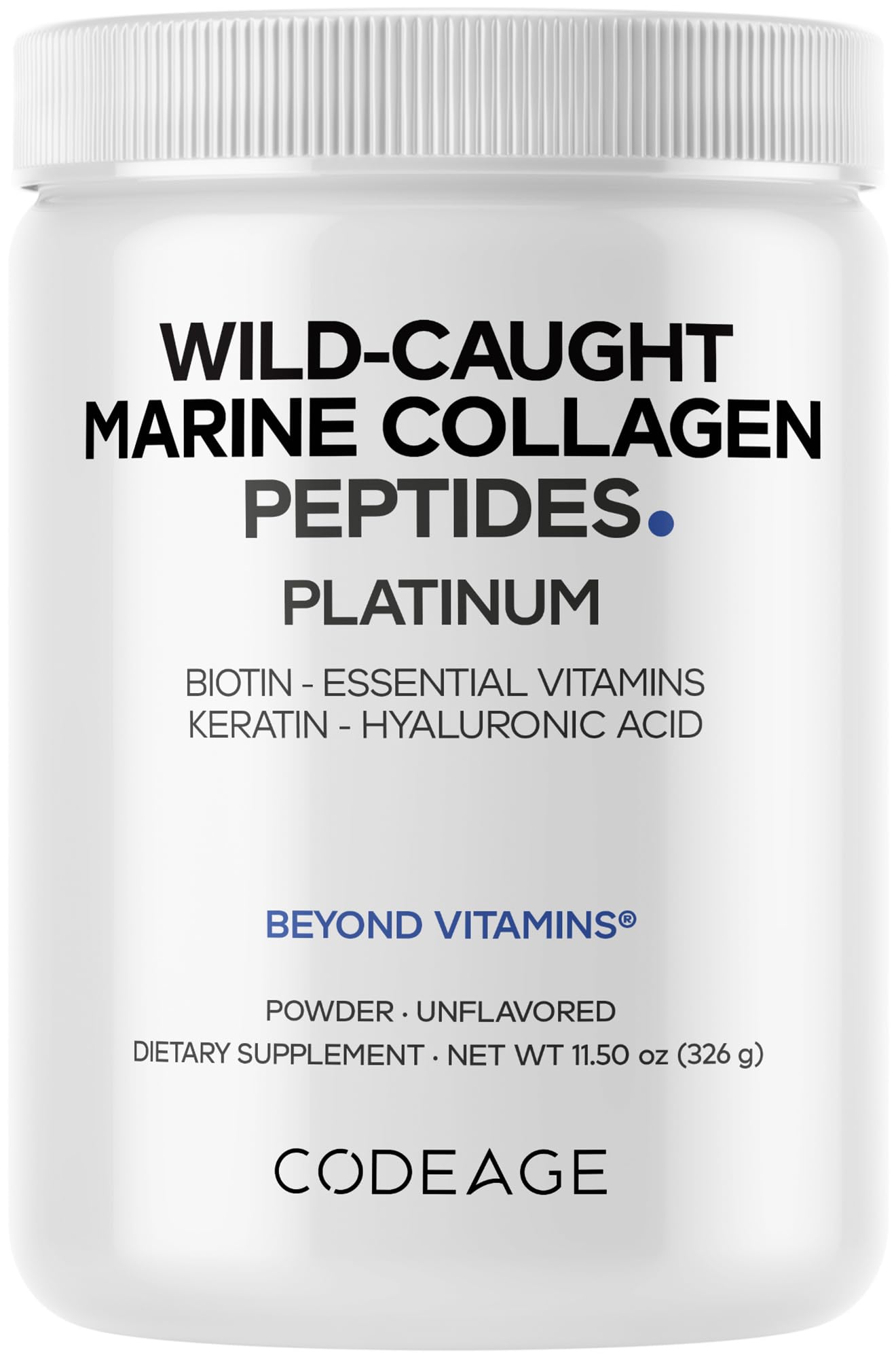 Marine Collagen Protein Powder Supplement Platinum - Biotin 10,000 mcg, Vitamin C, D3 & B6, Keratin, Hyaluronic Acid, Niacin, Wild Caught Hydrolyzed Fish Collagen Peptides - Non-GMO - 11.50 oz