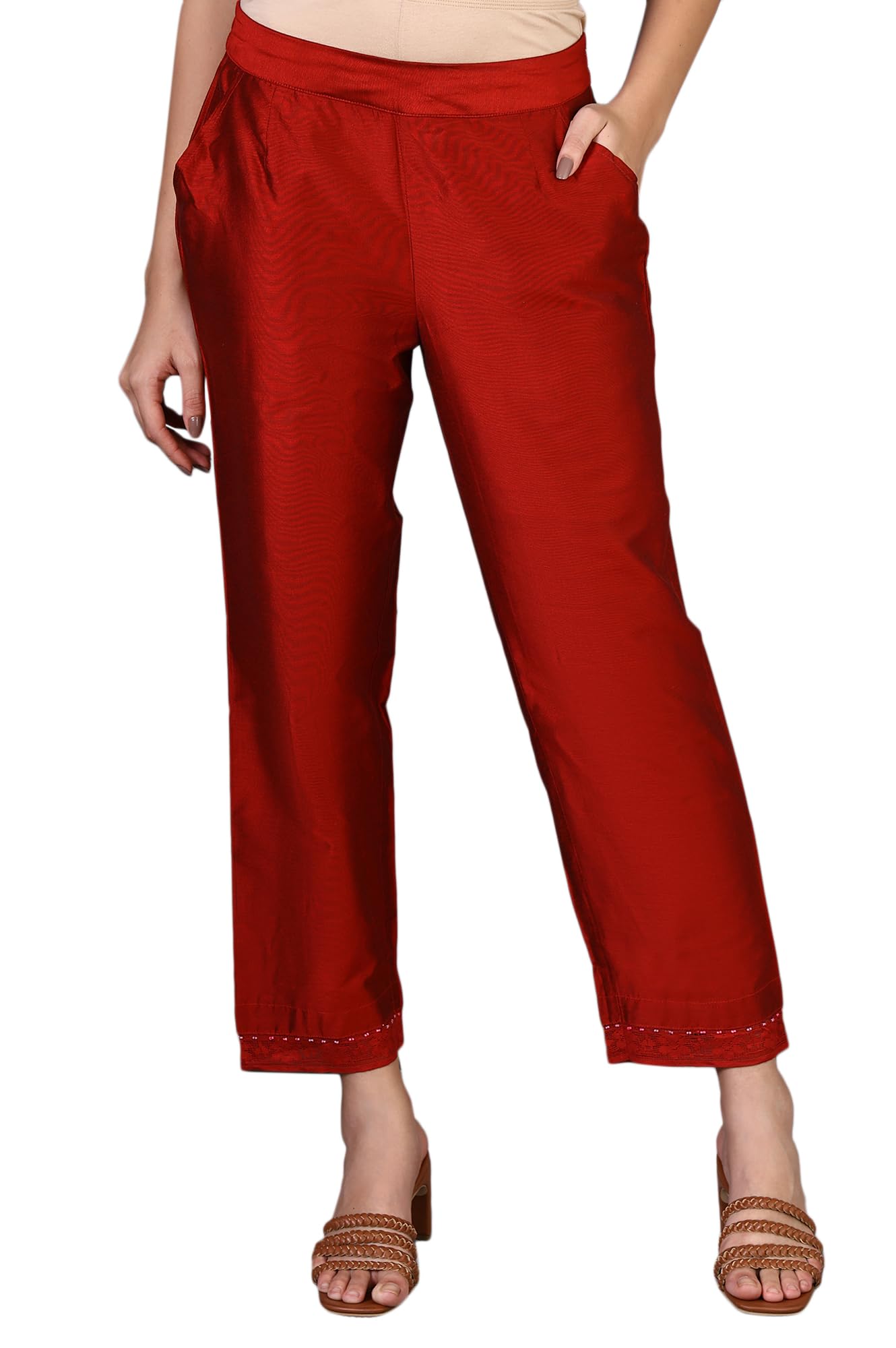 Ecru Solid Embroidered Hem Straight Pants-image-12