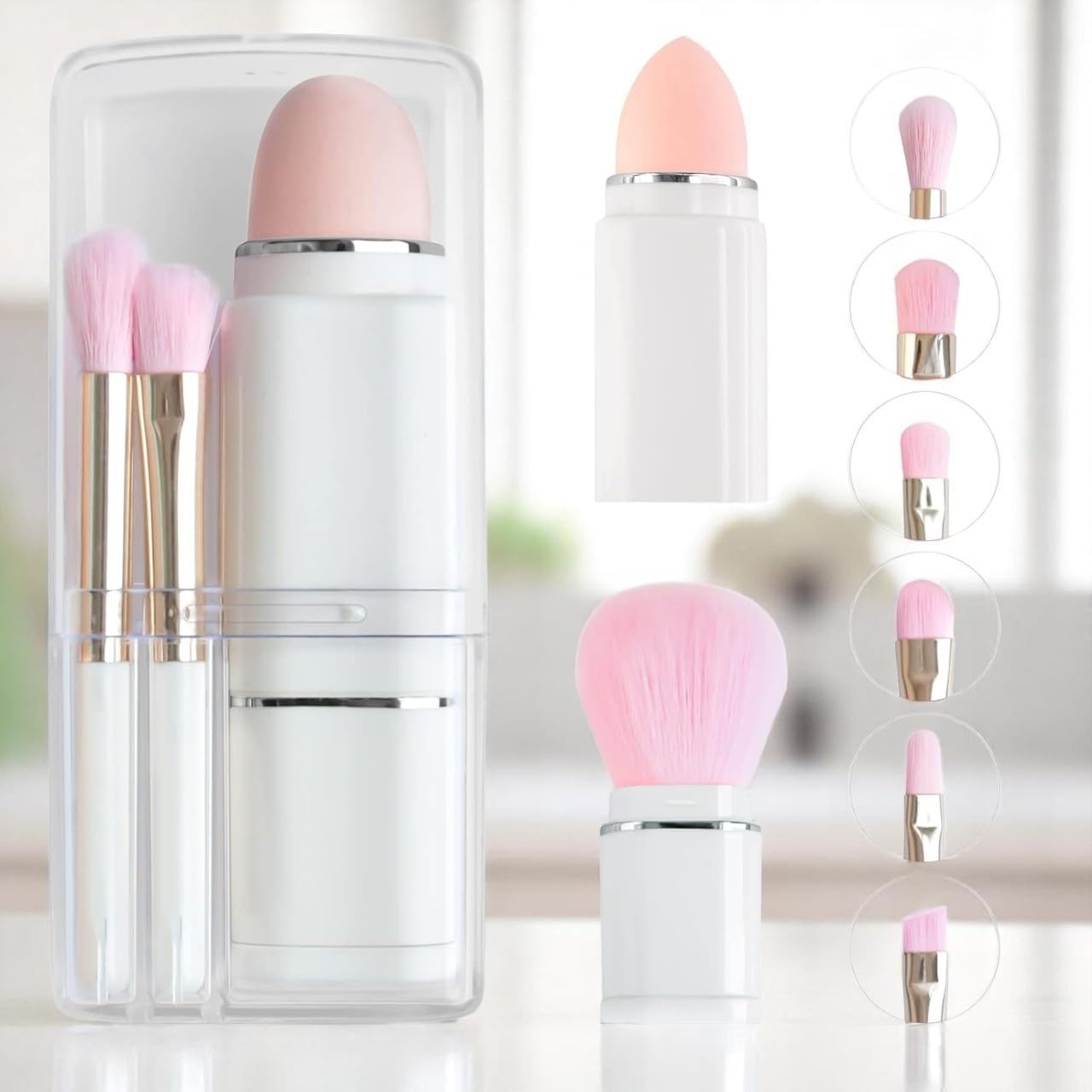 MESKIN Travel Makeup Brush Set (White) – 8-in-1 Portable Kit with Mini Foundation Brush, Powder & Blush Brushes, Eye Tools, Puff Sponge & Storage Organizer