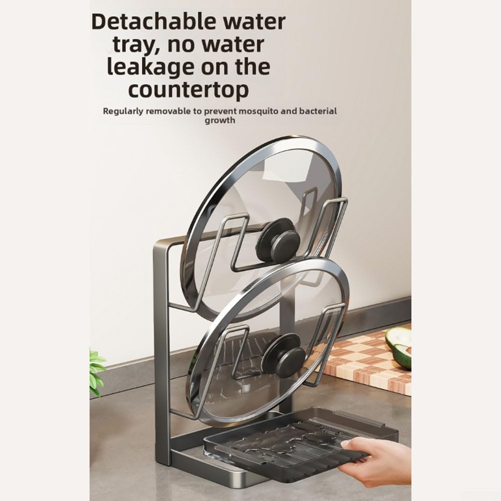 Soporte de cocina de acero resistente al calor con tapa y soporte para cucharón, organizador vertical con almohadillas protectoras para proteger las superficies de la encimera (estante doble para