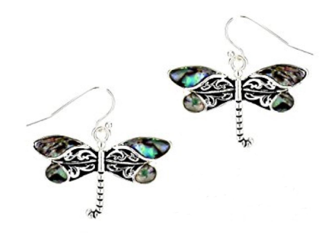 Silver Plated Dragonfly Fish Hook Abalone Earrings with Filigree Design by My Prime Gifts