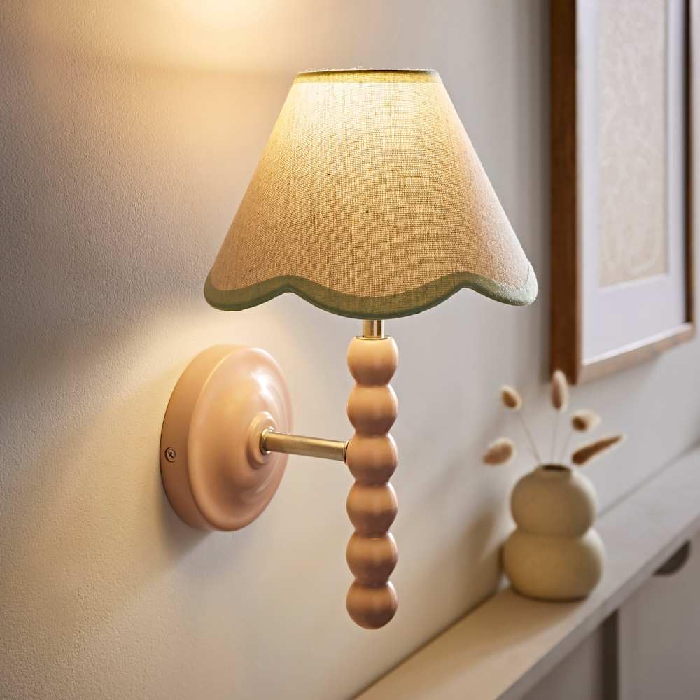 ValueLights | Bobbin Pink Wall Light with Green Trim Scallop Shade and Bulb | Wall Lights, Home Décor & Improvement Essential | Mains Wired