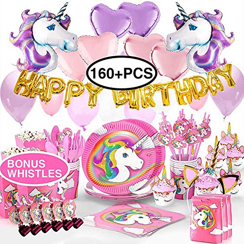 LALY - Set de fiesta de cumpleaños infantil (160 piezas), diseño de unicornio