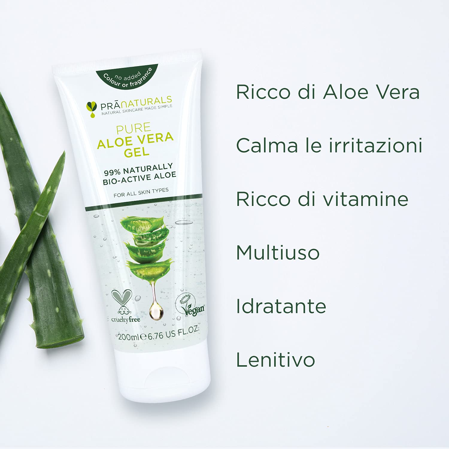 Pranaturals aloe vera gel 200 ml, gel lenitivo & idratante nutriente, idrata danneggiato pelle, assorbe facilmente non grassa o non oleoso (Pacco da 1)