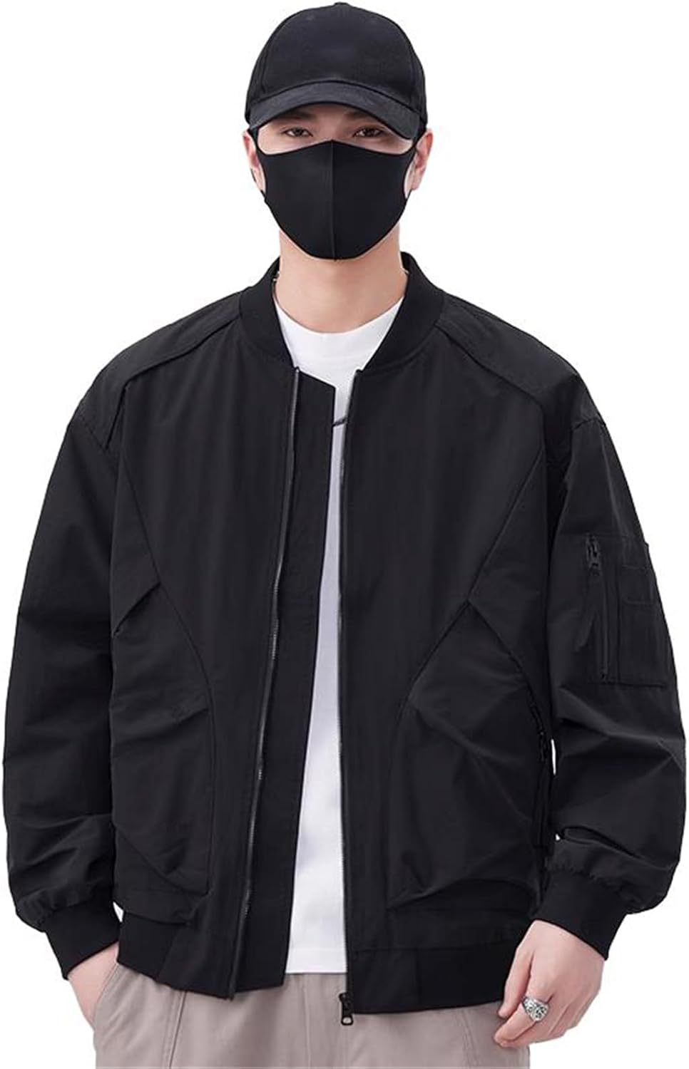 Workwear jacket men's spring and fall loose baseball suit collar Coat-Black-Large