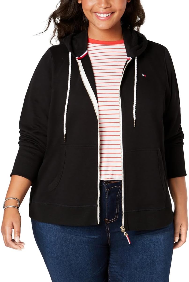 Tommy Hilfiger Women's French Terry Relaxed Fit Full Zip Hoodie, Black at   Women's Clothing store