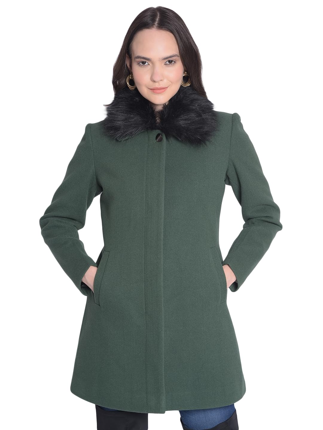 crimsoune club Women's Green Overcoat With faux fur detail-picture-12