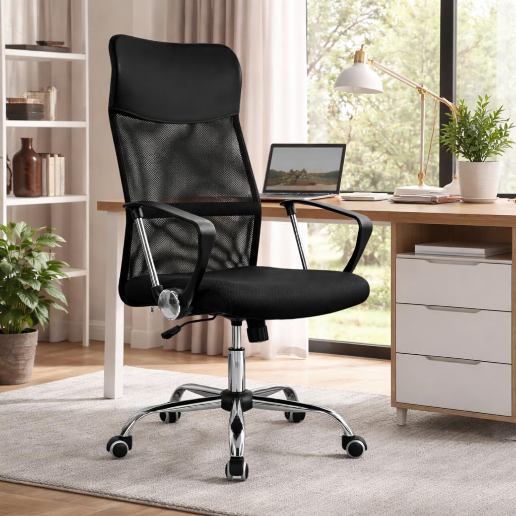 T-LOVENDO.ES Silla de Oficina ergonómica para Escritorio u Oficina. Respaldo Alto de Malla Transpirable y Piel sintética. Giratoria y con Ruedas. Diseño Bonito y Elegante. hasta 150kg.