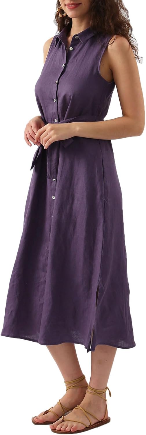 Amazhiyu Womens Pure Linen Summer Button Down Midi Dresses with Pockets and Belt - Image 3
