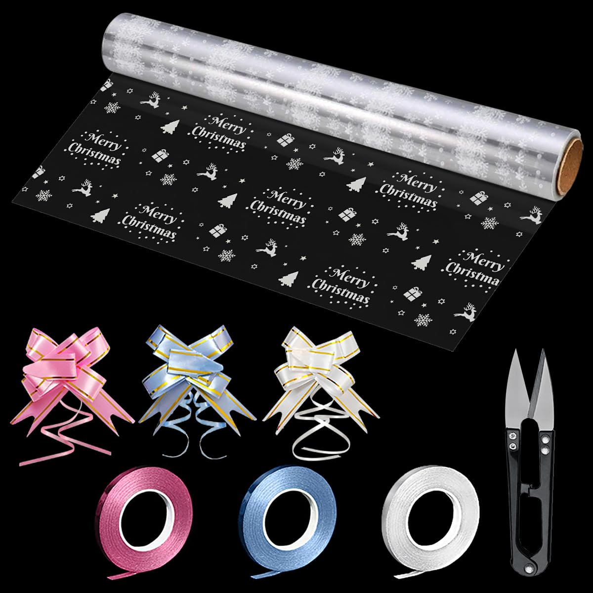 Cellophane Wrap Roll, PYGHAP Clear Cellophane Wrap for Hampers with Pull Bows, Ribbons & Scissor, for Christmas, Easter, Birthday Gift, Valentine's Day Flowers, 40CM x 30M (Merry Christmas Wrap Roll)
