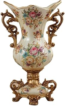 European-style Retro Resin Large Vase for Living Dining Room Table Centerpiece Bedroom Office Hotel Home Decoration Hand-painted Tall Flower Vases, Beige 4226cm