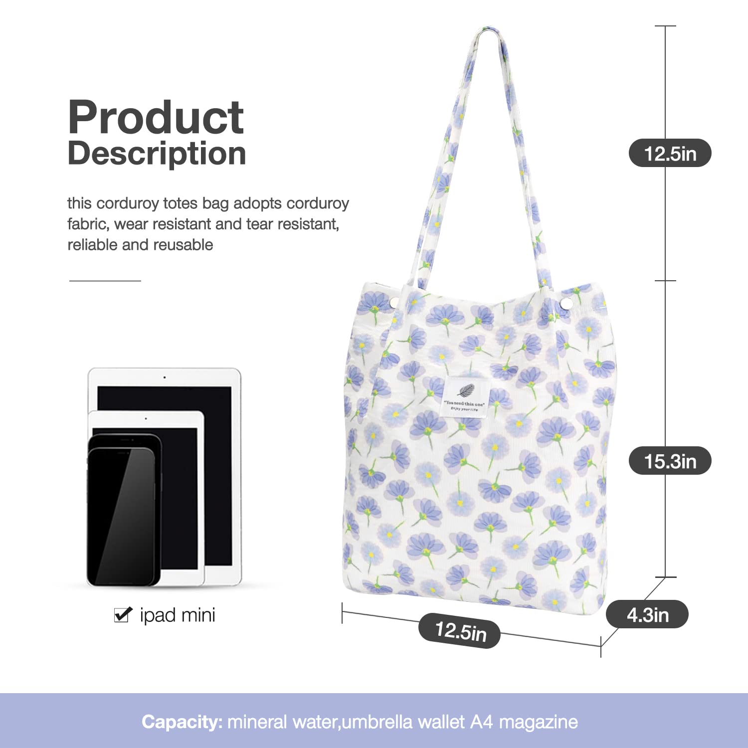 LHMTQVK Corduroy Tote Bags for Women Large Capacity Corduroy Bag Reusable Grocery Shoulder Bag with Inner Pockets, Dark - Image 2