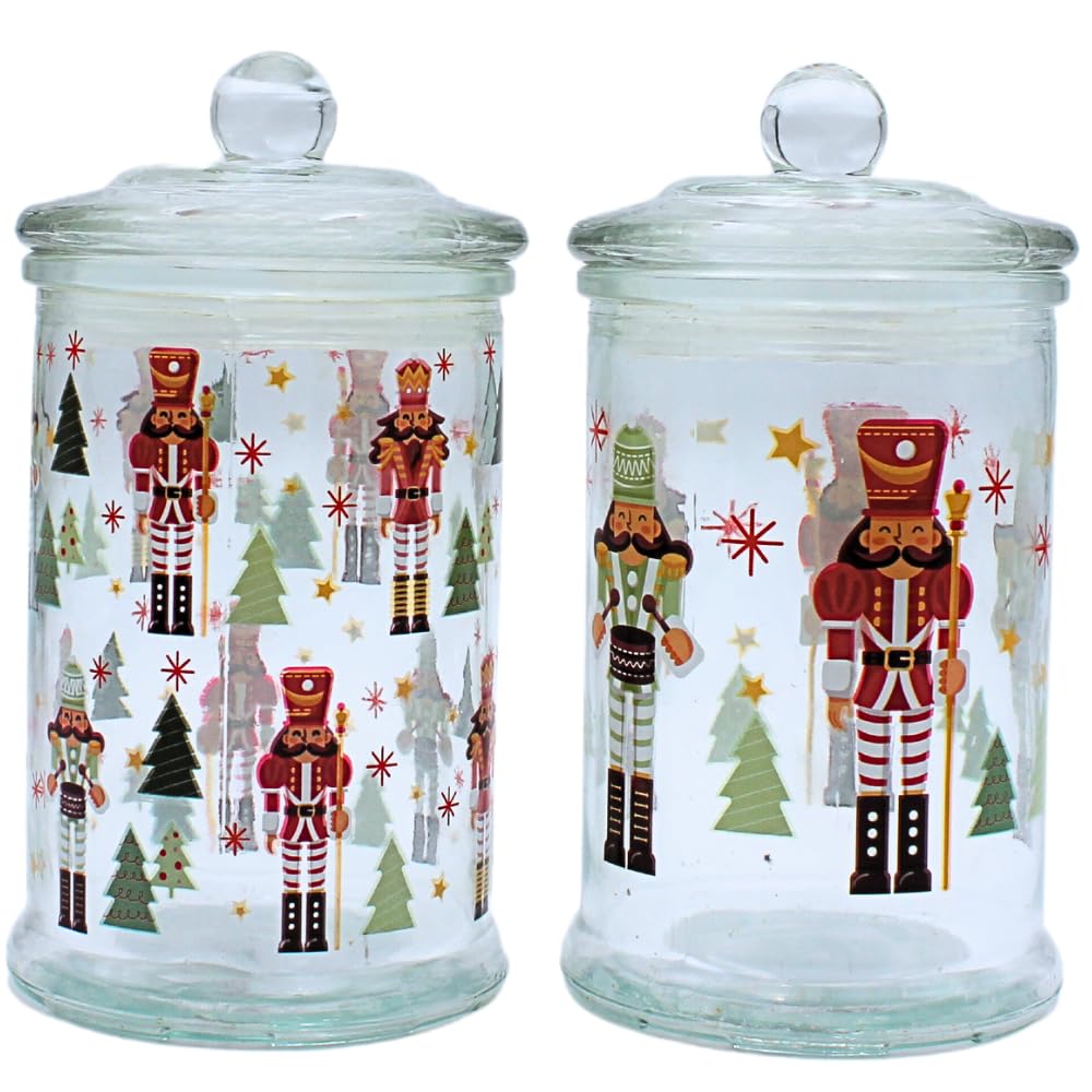 Dekohelden24 Boîte aromatique, boîte de conservation, récipient en verre avec motif de Noël, boîte à biscuits avec motif casse-noisette, H x Ø : 19 x 10 cm, capacité 600 ml par verre, contenu de la