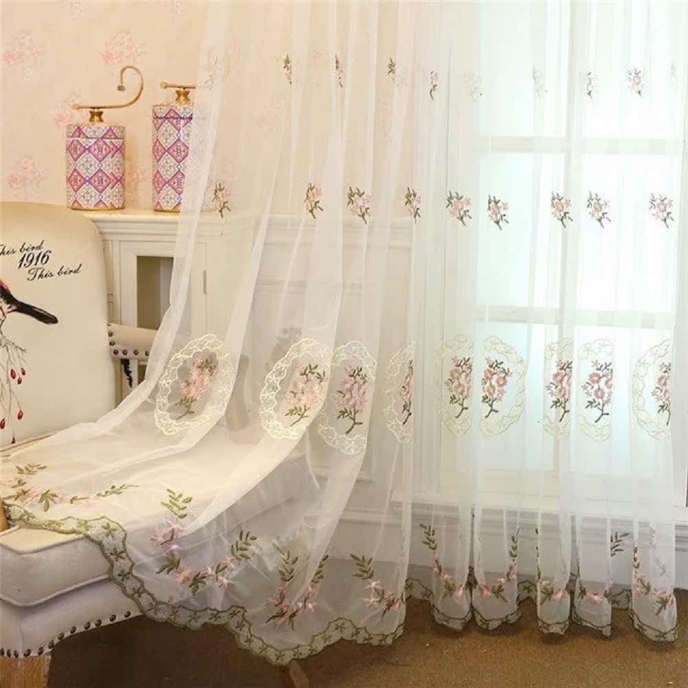 HooHero Pink 100 Wide Sheer Curtains Living Room Kids Nursery Room Window Decoration Voile Gauze Fabric Simple Modern Mesh Embroidered Mirror Flower