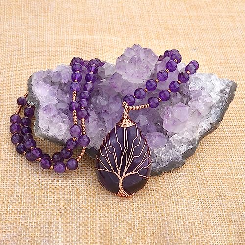 Top Plaza Healing Crystal Amethyst Necklace Natural Stone Beads Life Tree Wire Wrapped Teardrop Gemstone Pendant Jewelry for Women Mom3