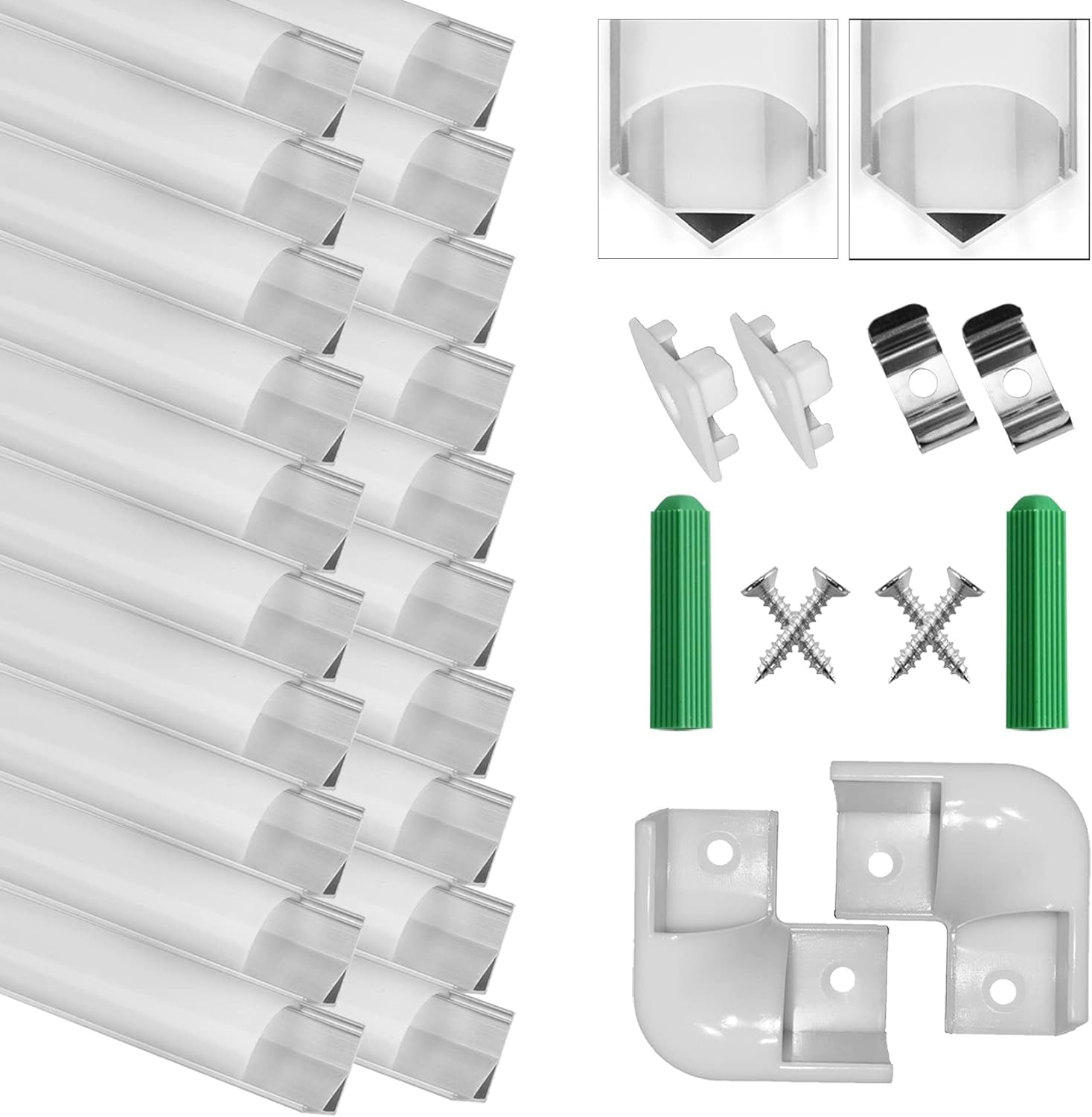 SENXINGYAN LED Aluminium Profil, 20 x 1M V-Form LED Profil/LED-Kanäle mit Deckel in Milchig-Weiß, Endkappen, Metall Befestigungs Clips und Eckverbindern