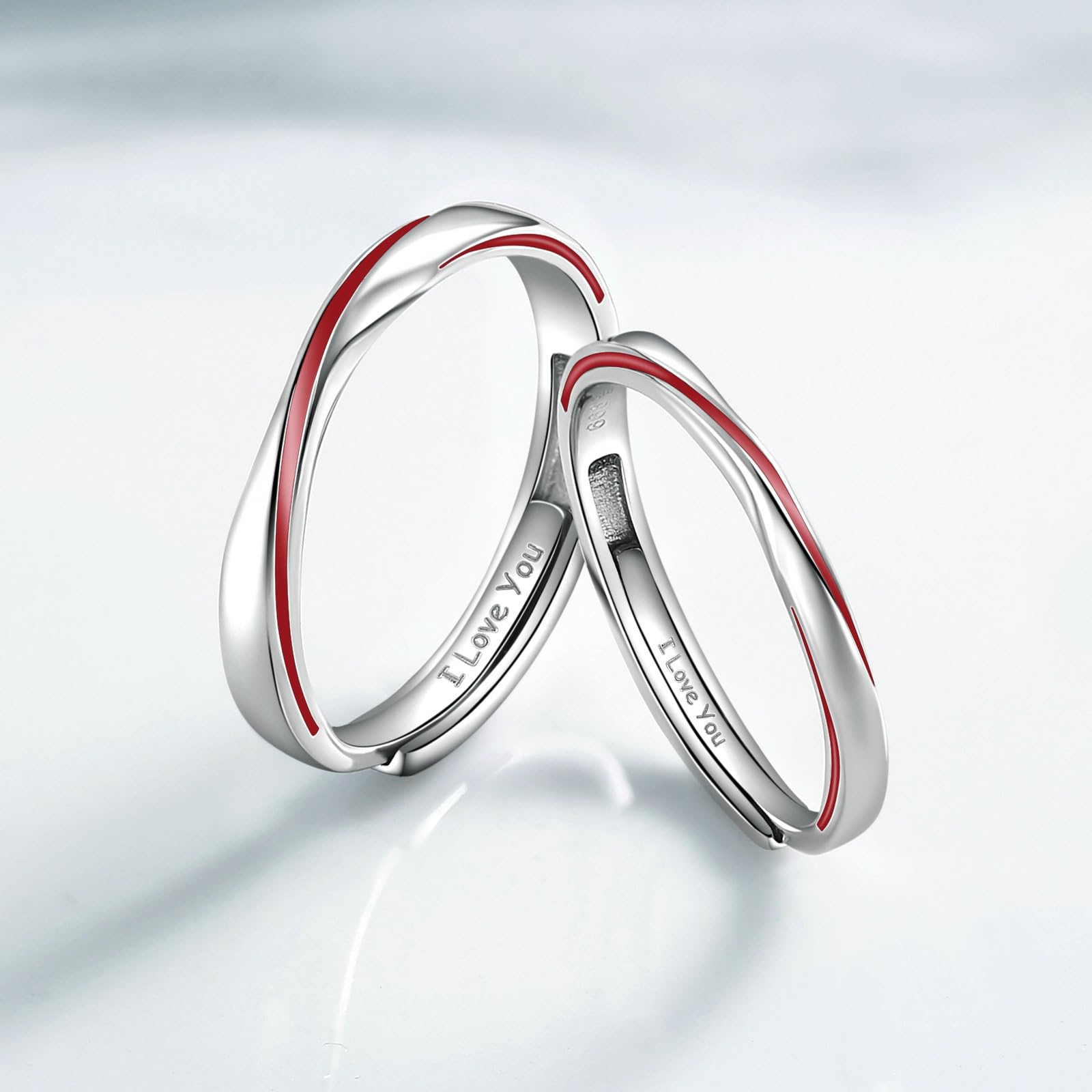 Anello Filo Rosso Coppia, Anelli Donna Regolabili Argento Sterling con Linea Rossa Anelli di Fidanzamento Donna Incisione Anniversario Matrimonio Anelli per Lui e Lei