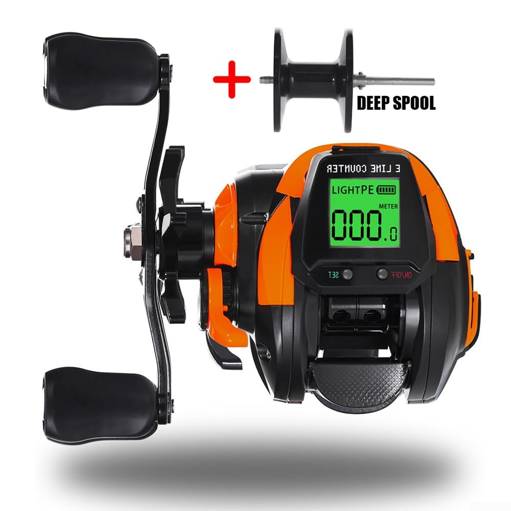 DAZZLEEX Moulinet de pêche numérique Baitcasting Main Gauche Main Droite en Option avec Position de Profondeur d'alarme de Morsure avec Bobine de Rechange (Main Droite Orange)