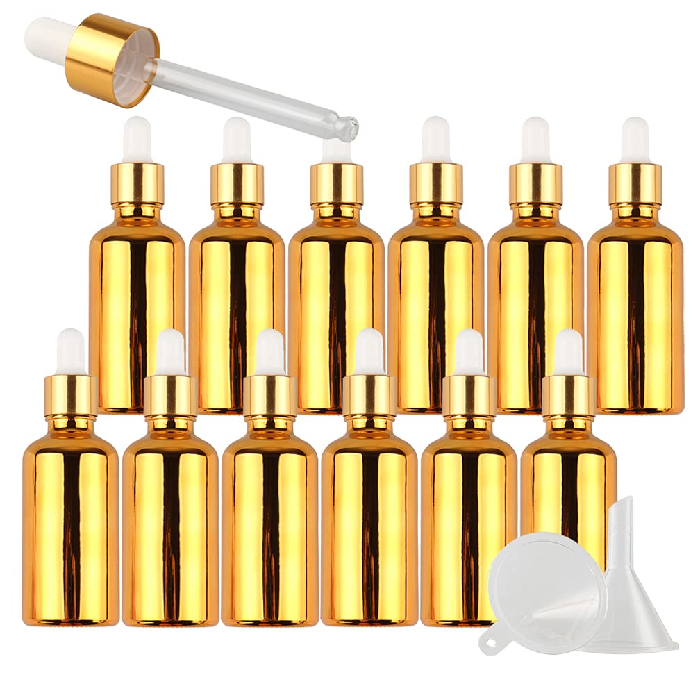12 Pièces 50ml Flacons en Verre Or avec Pipettes, 50 ml Bouteilles Compte-gouttes en Verre Vides avec Bouchon à Vis Or Pour Les Huiles Essentielles Aromathérapie