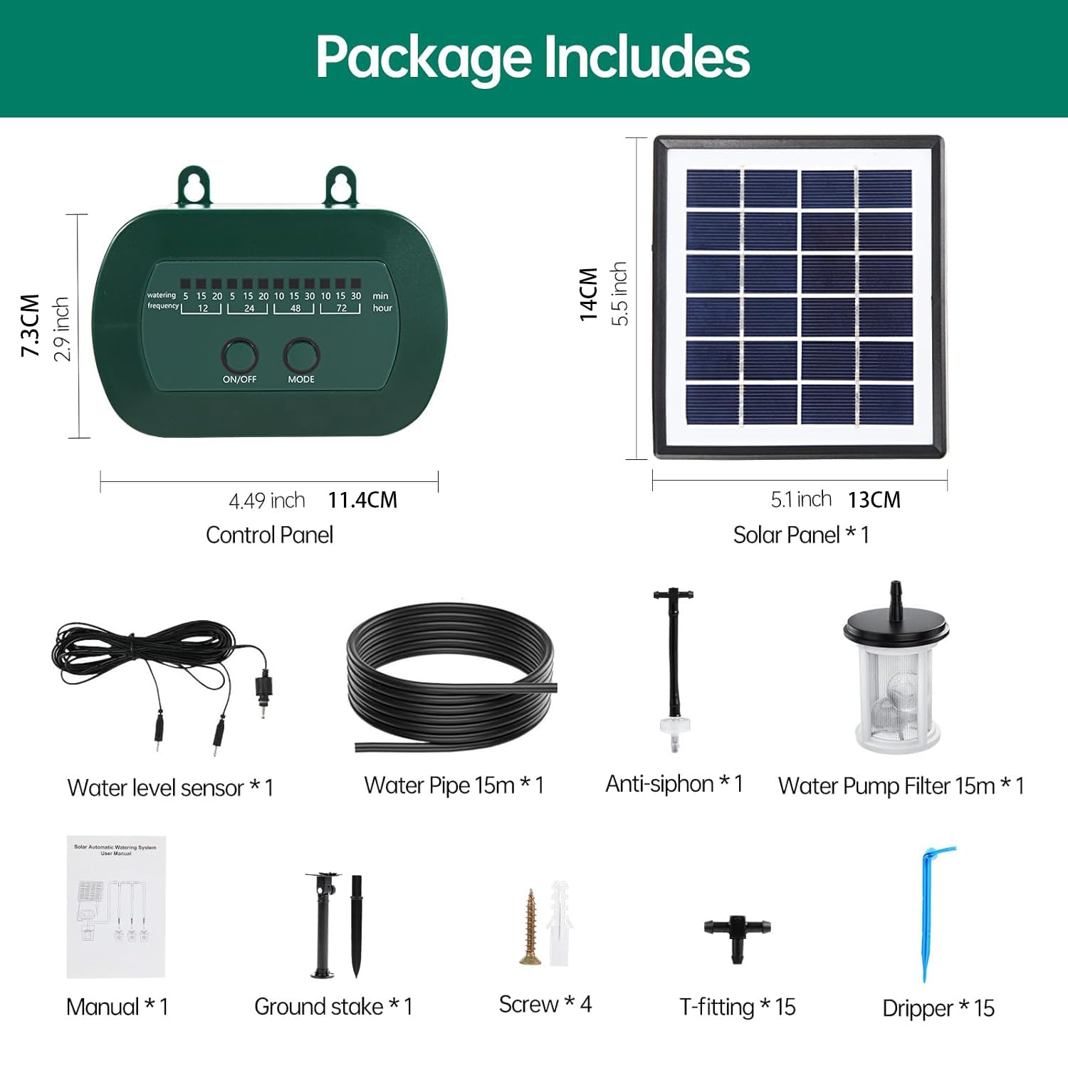 Système d'irrigation solaire, goutte-à-goutte automatique, design anti-siphon pour plantes en pot, serre, 12 modes de minuterie, appareil d'arrosage de plantes + tuyau de 15 m