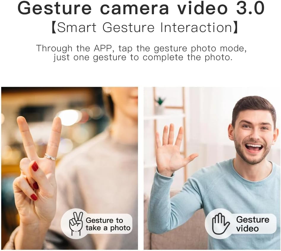 Two hands demonstrating gestures for drone camera control: peace sign for photo, open palm for video