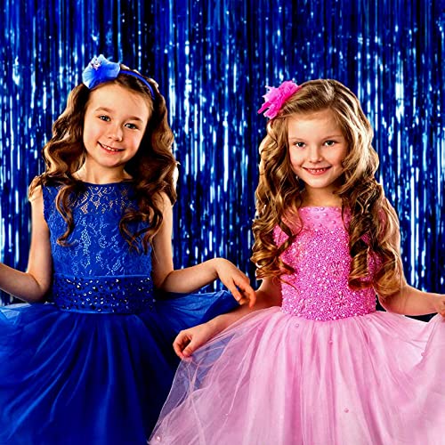 Image of 4 Pack Blue Foil Fringe Curtain Backdrop, 3.28Ftx8.2Ft Metallic Tinsel Streamers for Sea Party, Photo Booth Props, Birthday, 2022 Summer Ocean Theme Party Decoration Supplies