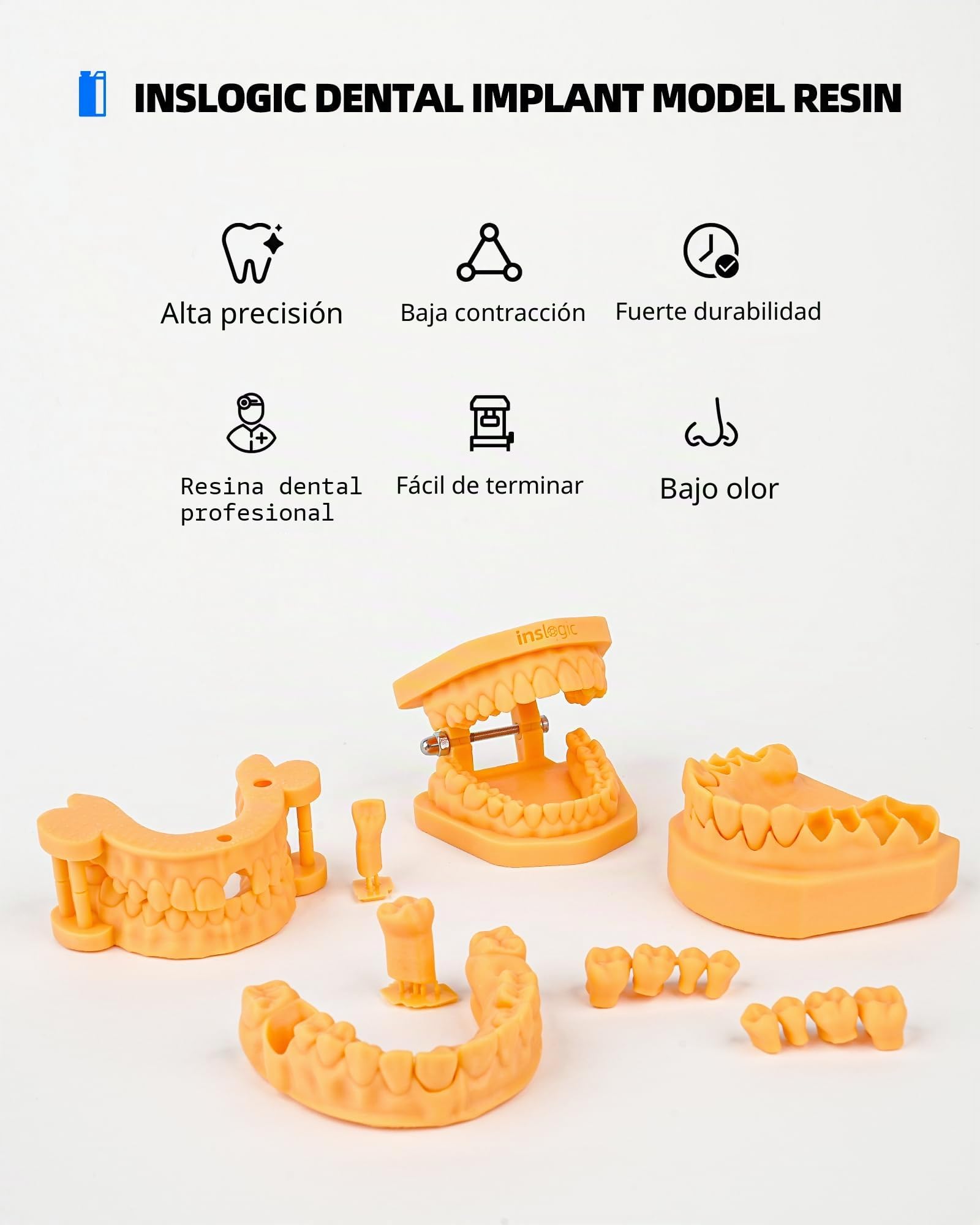 Inslogic Resina para impresora 3D modelo de implante dental, alta precisión y bajo encogimiento, resina curada UV 405nm para modelos dentales, prótesis, ortodoncia, investigación (Amarillo, 1kg)