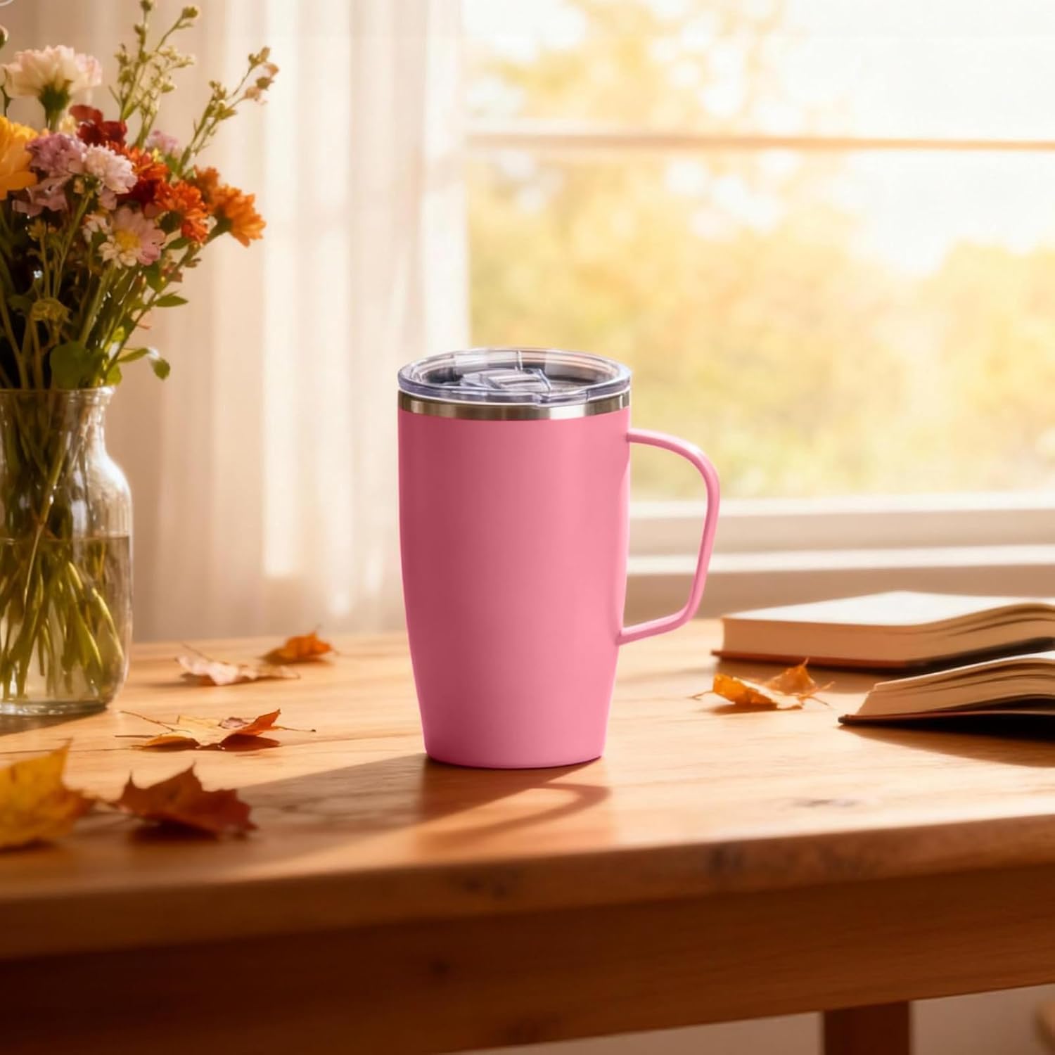 Trwcrt 19oz Insulated Coffee Mug with Handle, Double Wall Vacuum Stainless Steel Travel Coffee Tumbler, Pink - Image 6