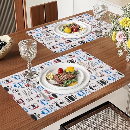 Image of Kuber Industries PVC Anti Slip Table Mats Set of 6 | Waterproof Dining Table Mat for Party, Wedding and Family Functions | Coffee House Print - White & Blue