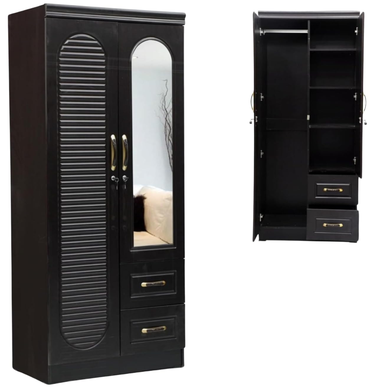 2-Door Wooden Wardrobe Cabinet/Cupboard, Engineered Wood, Modern & Stylish, Heavy Duty with Mirror (Without Assembly, Wenge)