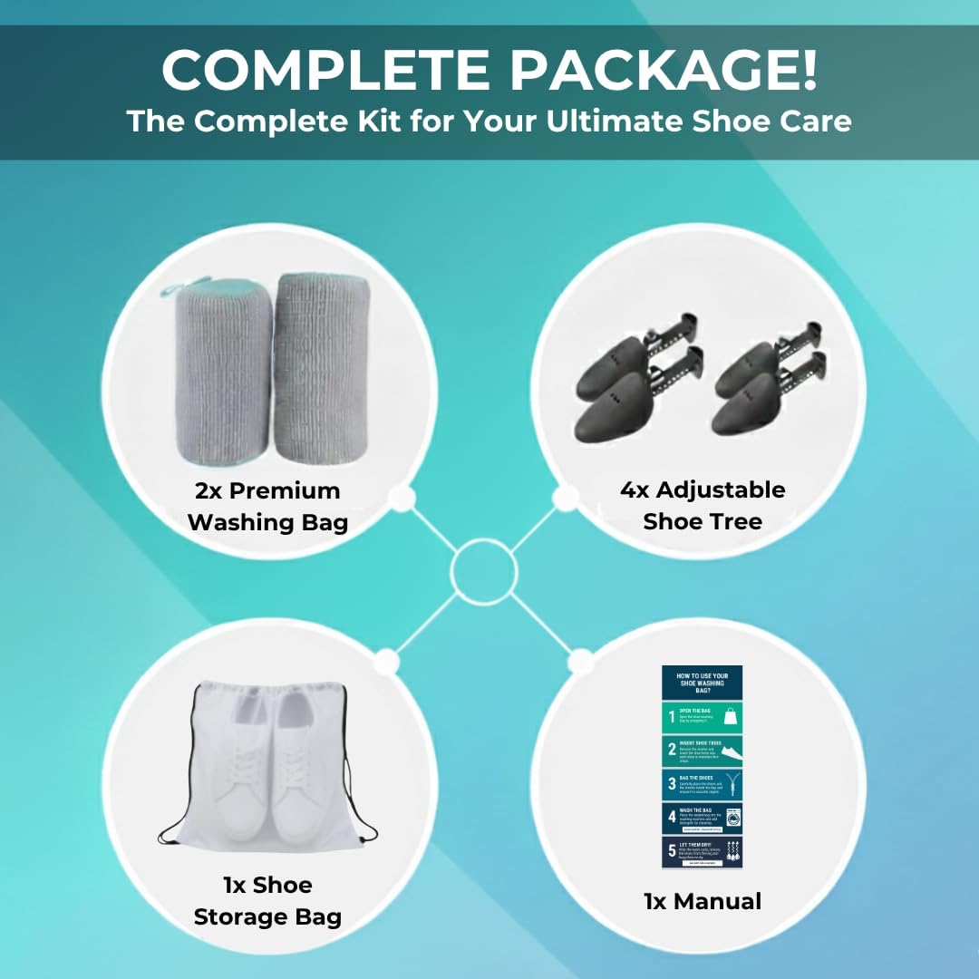 Shoe Bags for Washing Machine Kit with Adjustable Shoe Trees – Deep Clean Protection, Prevents Deformation, Ideal for Weekly Laundry, Sneaker Washing Machine Bag for Men & Women, Shoe Care Kit - Image 2