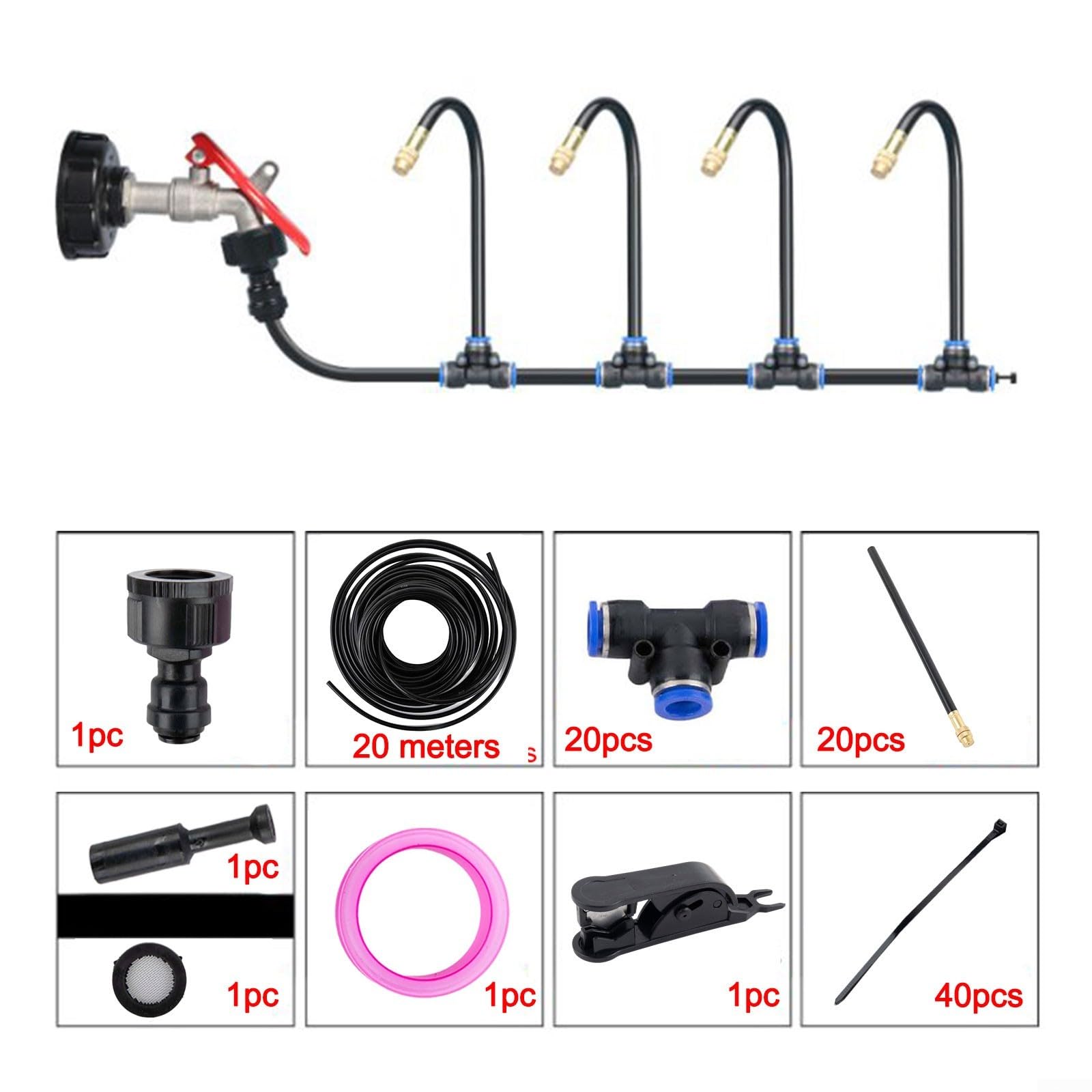 Sistema di nebulizzazione da giardino, kit di irrigazione con ugelli a spruzzo regolabili per raffreddamento esterno, dispositivo di irrigazione automatico con connettori e fascette (20 m)