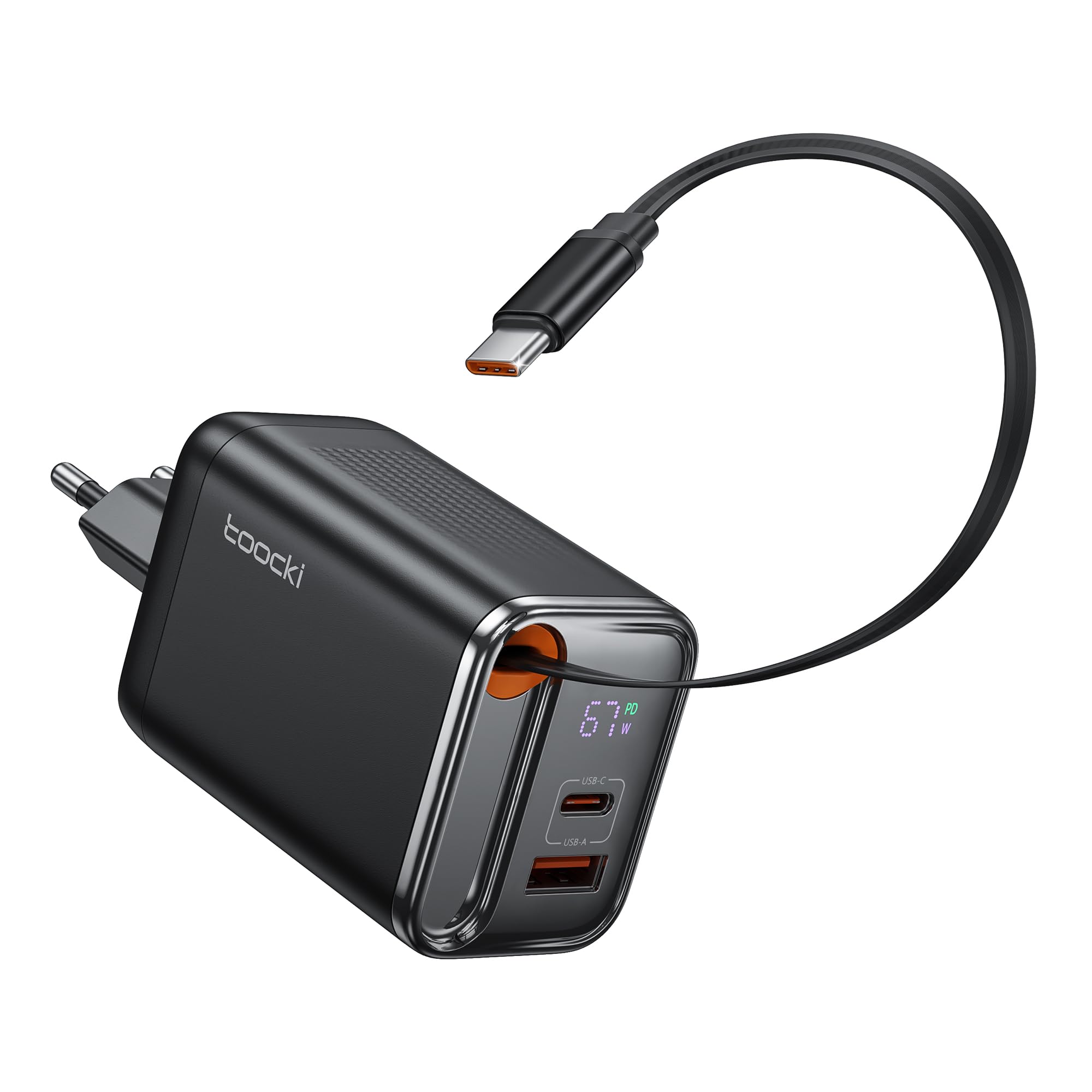 toocki USB C Ladegerät, 3Port GaN Mehrfach Ladegerät mit Schnell Einziehbares Ladekabel,67W USB C Netzteil mit LED Display für MacBook,iPhone 17 Pro Max,Galaxy S24 Ultra/S23,Switch,Laptop,Handys usw