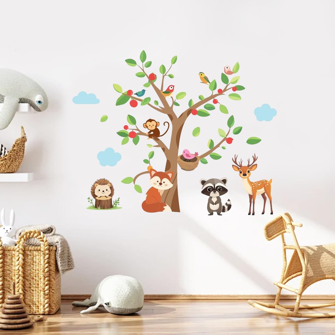 PLIGREAT 2 Sheets Watercolor Jungle Animal Wall Decal Cartoon Monkey Fox Trees Wall Stickers for Kids Bedroom Living Room Cabinet Nursery Decoration DIY Creative Wall Art Decor - Image 2
