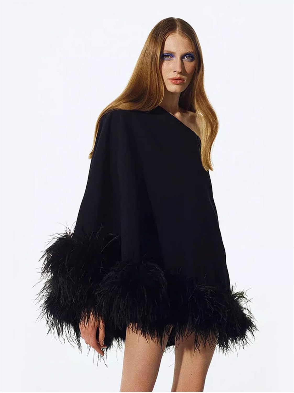 MY-43 Women’s High-End Slanted Neck Loose Mini Poncho Dress with Fluffy Ostrich Feather Hem Trim Sexy Dresses - Image 3