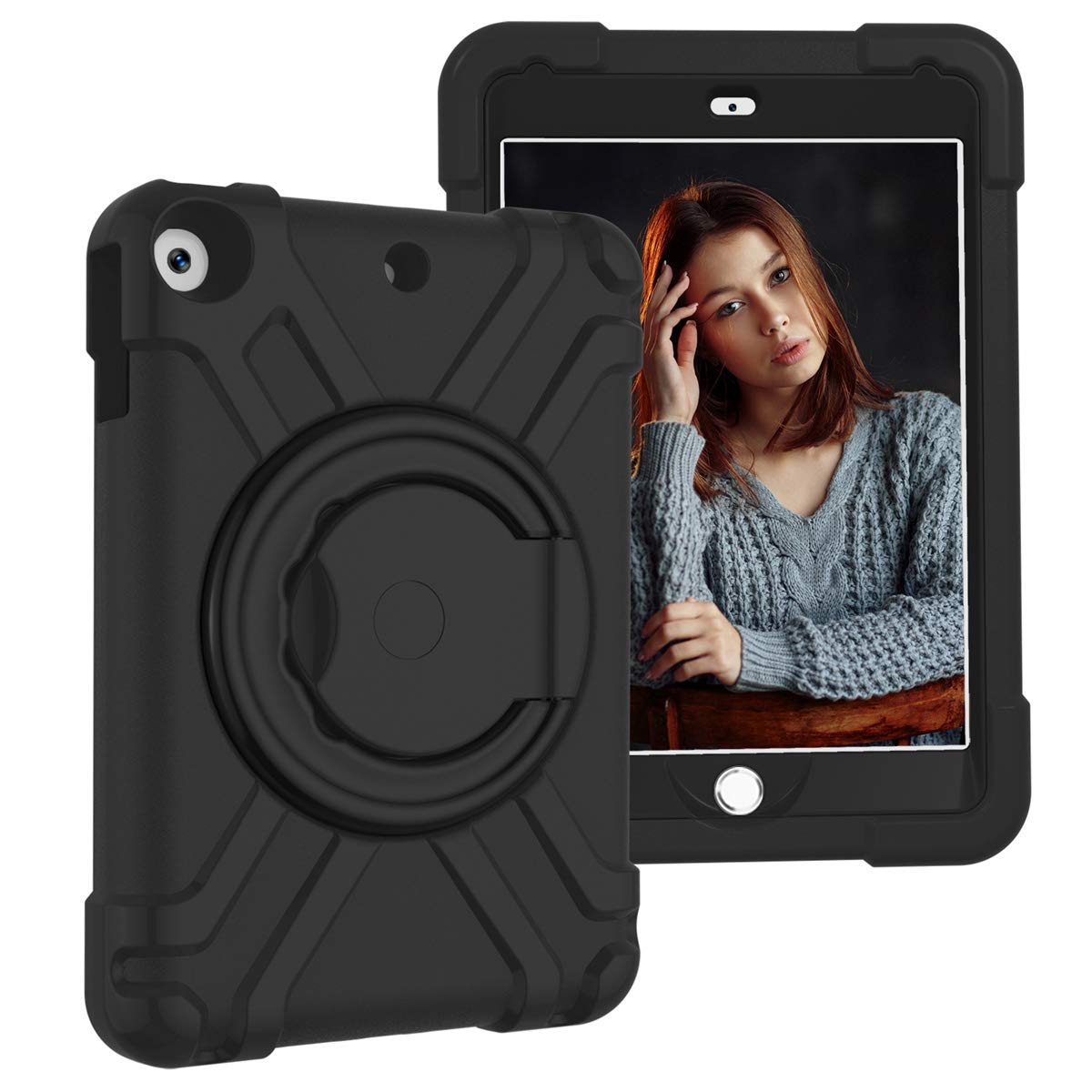 iPad 7th Generation 2019 Case，New iPad 10.2 Case Safe EVA Protective Case Armor Dual Structure Military Heavy Duty Rubber with Plastic Stand Cover Black