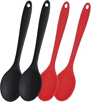 4 Pcs Silicone Spoons for Cooking Heat Resistant, Hygienic Design Cooking Utensi Mixing Spoons for Kitchen Cooking Baking Stirring Mixing ToolsBlack and Red