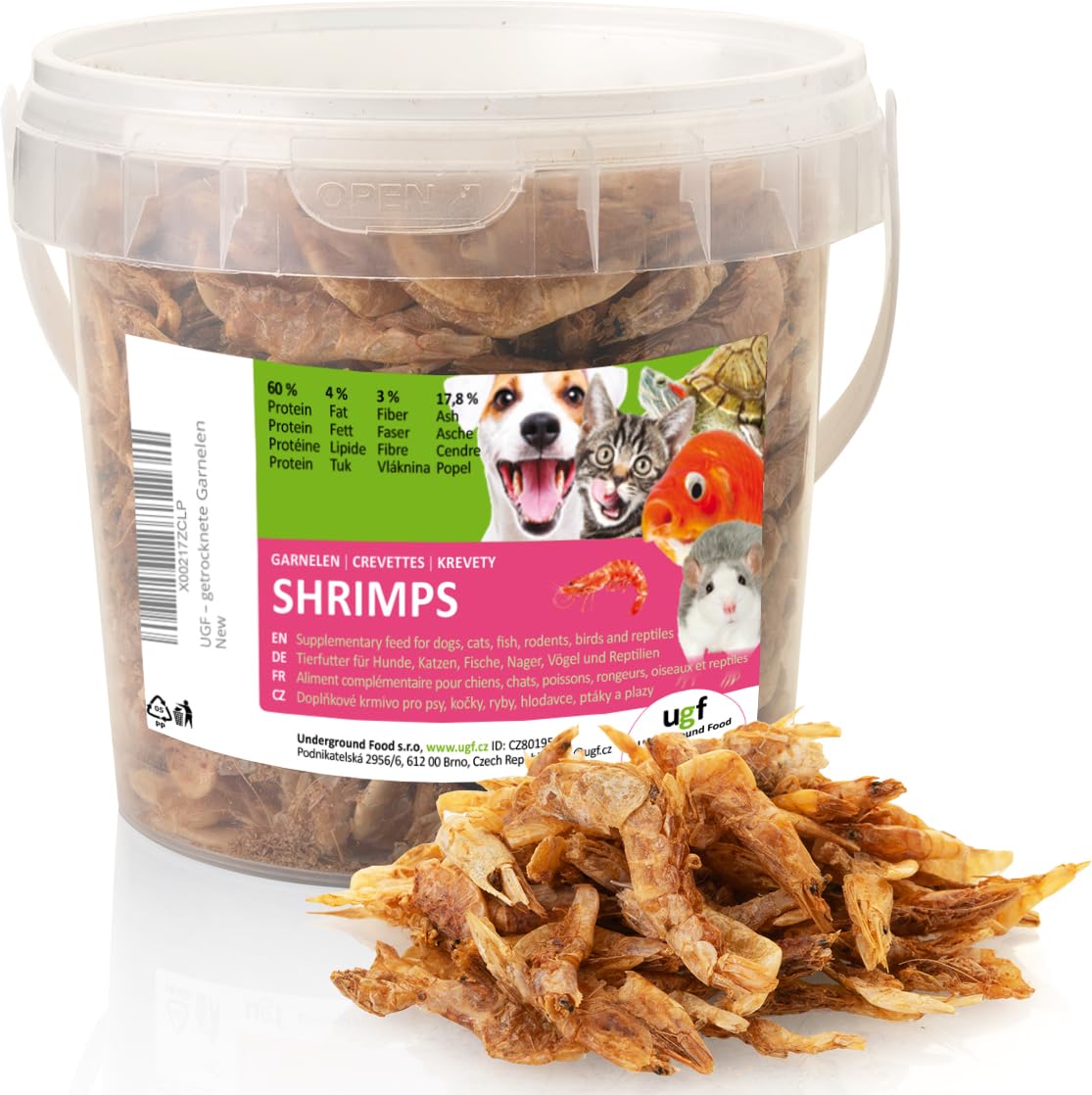 UGF - Gamberetti essiccati - 75 g in un secchio da 500 ml, Insetti gamberetti, Cibo per uccelli selvatici (tutto l'anno), Snack per cani, Cibo per tartarughe, roditori, lucertole, pesci