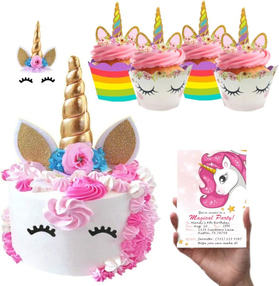 (52 Pack) La La Unicorn Cake Topper & Cupcake Toppers and Wrappers Party Decorations Set - Gold Horn with Eyelashes, Cupcake Liners Unicorn For Girl Birthday Party Supplies, Baby Shower, Wedding