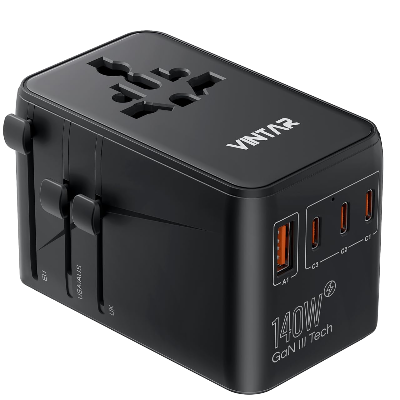 VINTAR Universal Travel Adapter, 140W GaN Fast Charger for EU UK US AU