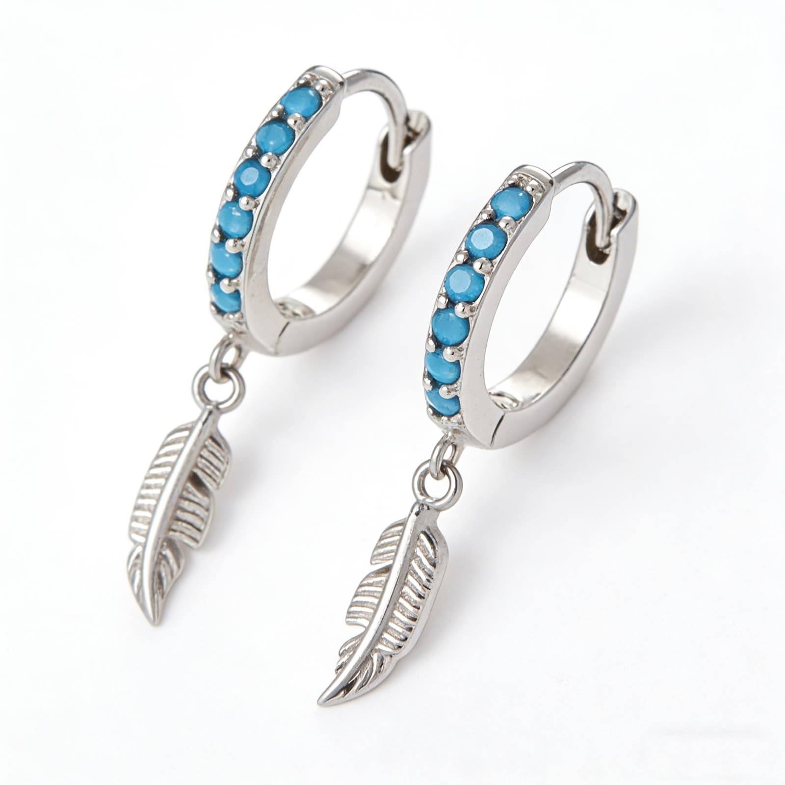 Pendientes de oro blanco de 9 K/14 K/18 K/PT950, joyas auténticas con turquesa redonda, pluma de aro