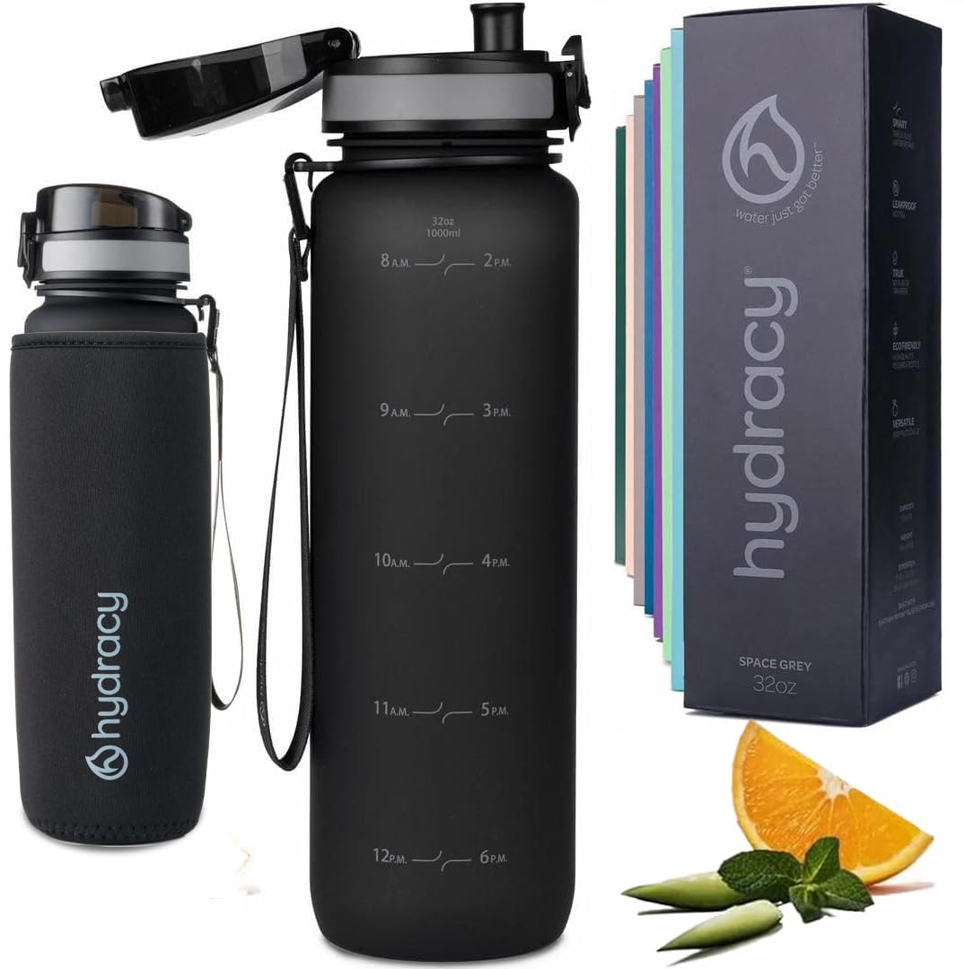 Hydracy Water Bottle with Time Marker -Large BPA Free Water Bottle & No Sweat Sleeve -Leak Proof Gym Bottle with Fruit Infuser Strainer & Times to Drink -Ideal for Fitness Sports & Outdoors