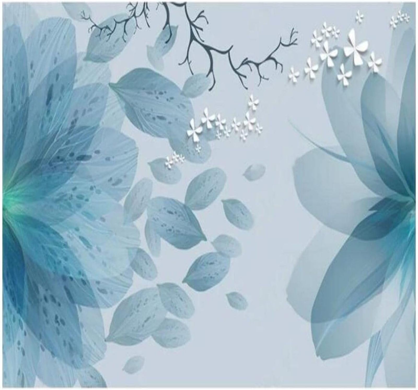 Papier Peint 3D Frais Aquarelle Bleu Fleurs Papillons